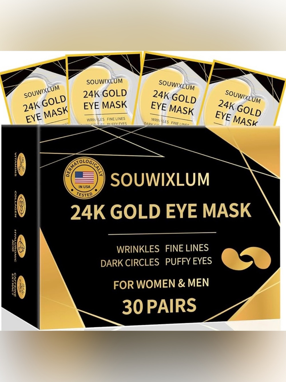 24K Gold Eye Mask - 30 Pairs, For Wrinkles, Dark Circles, & Puffiness  NIP